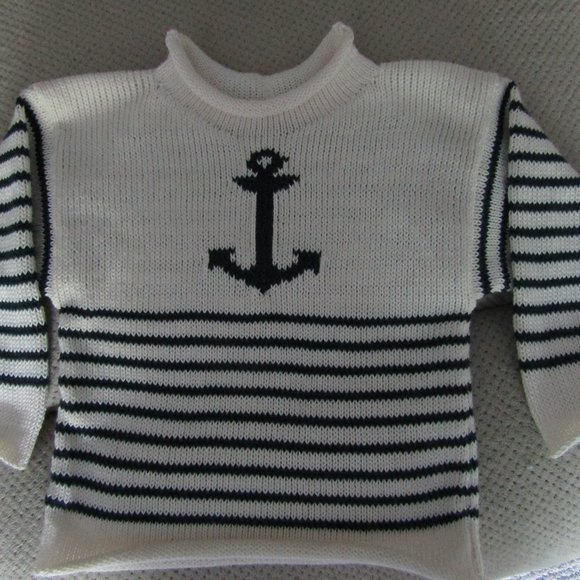 cotton roll neck stripe nautical anchor sweater - Picture 1 of 2